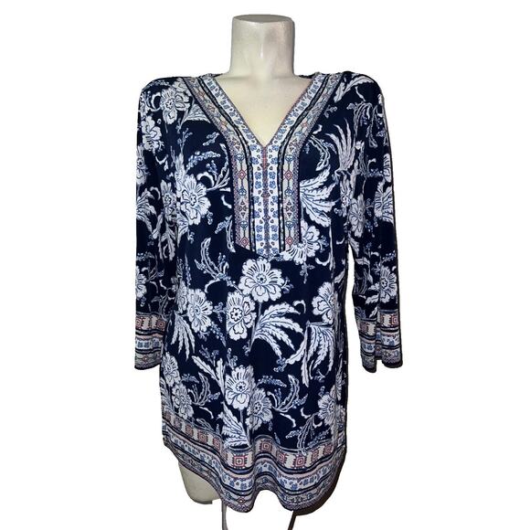 JM Collection Top Women's XL Blue Floral Print Embellished Stretch Tunic Blouse - Picture 1 of 6
